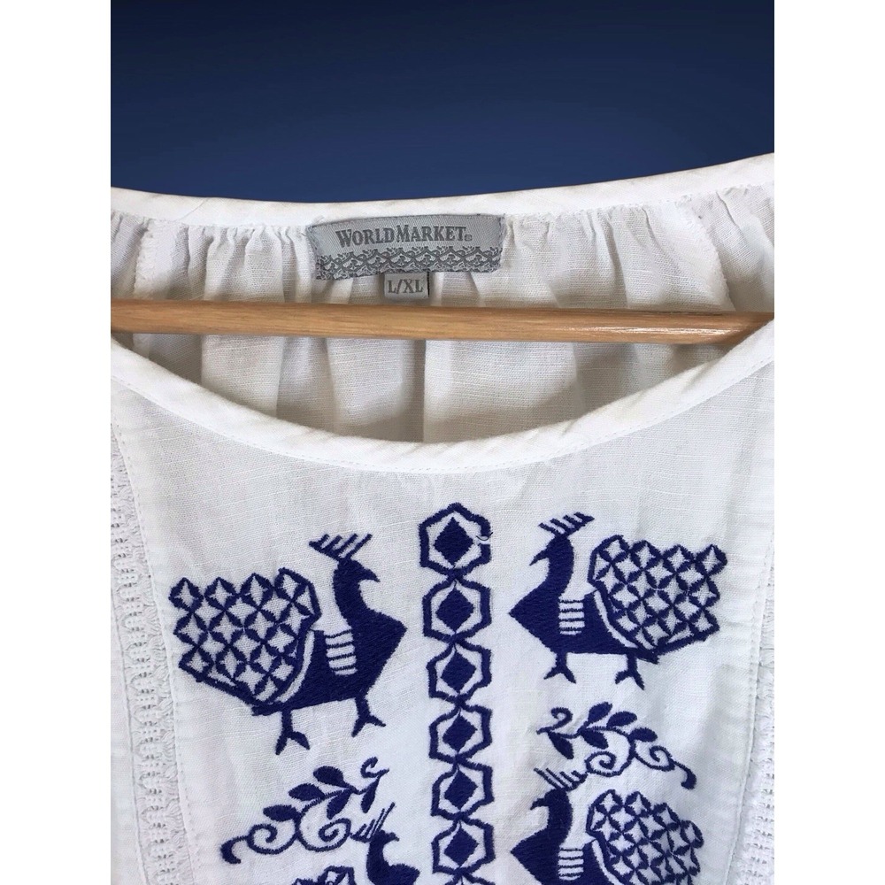 World Market Blue White Peacock Boho Embroidered Peasant Blouse Top Sz L/XL - Picture 3 of 5
